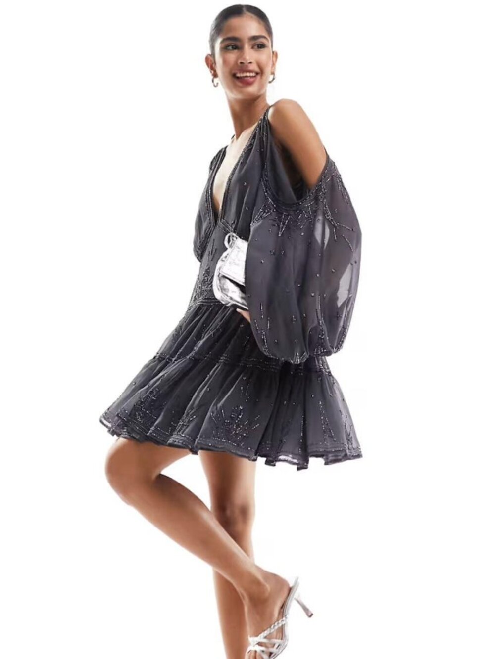 ASOS DESIGN cold shoulder embellished tiered mini dress in dark gray
